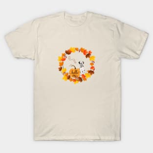 Dalmatian Dog with Autumn Leaf Circle, Pumpkin and Hello Fall Sign T-Shirt